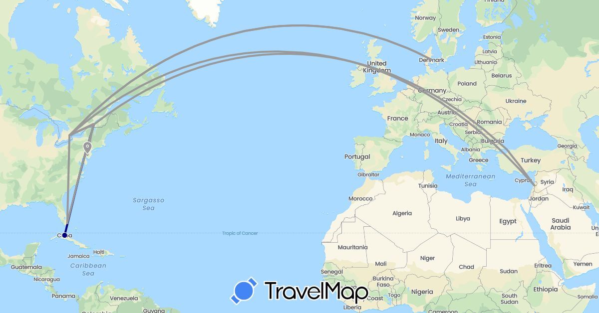 TravelMap itinerary: driving, plane in Canada, Cuba, Denmark, Lebanon, Turkey, United States (Asia, Europe, North America)